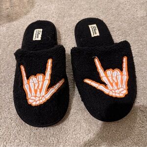 Source Unknown Black Slippers with Orange & White Skeleton Hand Embroidery